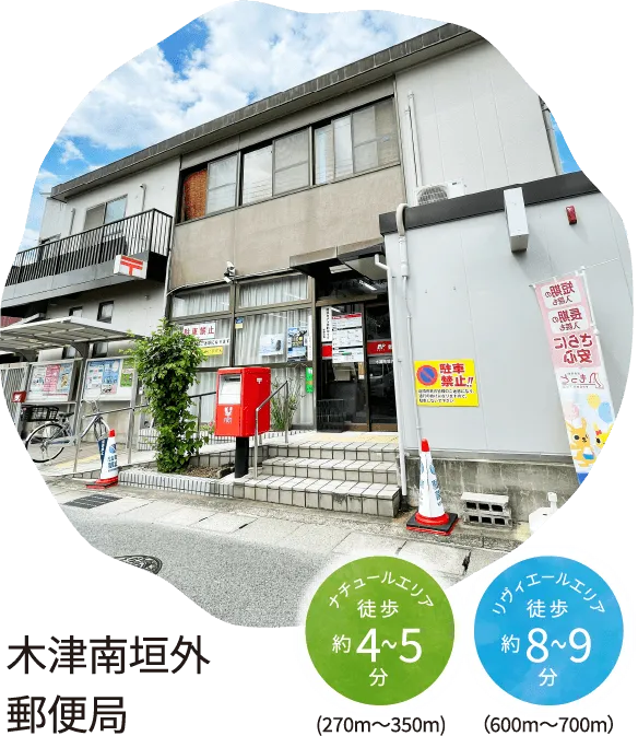 木津南垣外 郵便局 ナチュールエリア 徒歩約4〜5分(270m～350m)リヴィエールエリア徒歩約8〜9分（600m～700m）