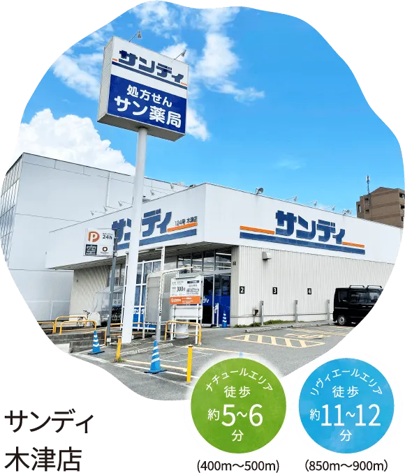 サンディ木津店 ナチュールエリア 徒歩約5〜6分(400m～500m) リヴィエールエリア徒歩約11〜12分（850m～900m）