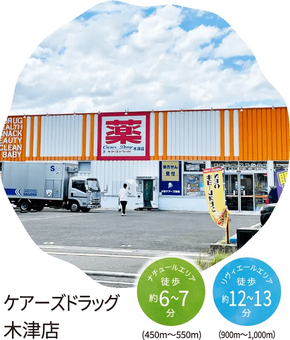 ケアーズドラッグ木津店 ナチュールエリア 徒歩約6〜7分(450m～550m) リヴィエールエリア徒歩約12〜13分（900m～1,000m）